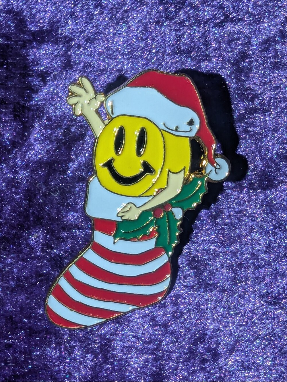 Walmart Christmas Stocking Smiley Face Santa Hat Enamel Pin